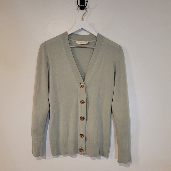 Tory Burch Simone Cardigan Sweater Green Ribbed Logo Gold Button Front Cotton - Picture 3 of 9